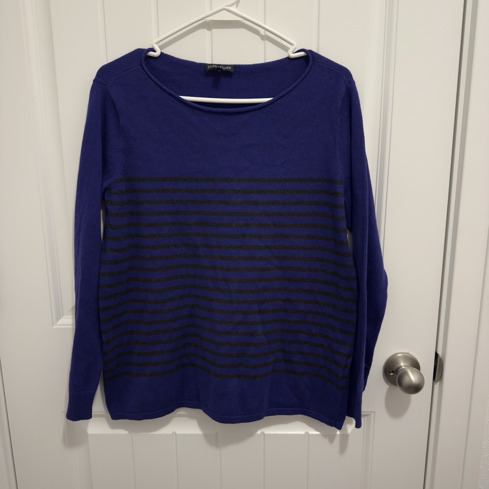 Eileen Fisher Royal Blue Striped 100% Cotton Boat Neck Sweater Small